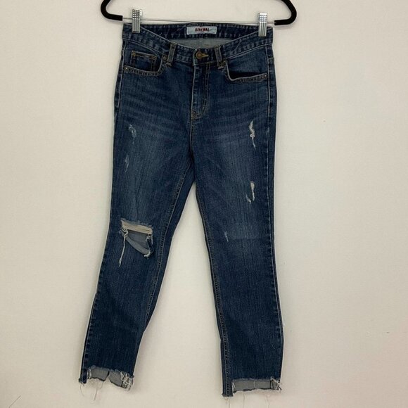 Y2K Renewal Distressed Denim Skinny Jeans Raw Hem Size 28 Blue - Picture 1 of 6